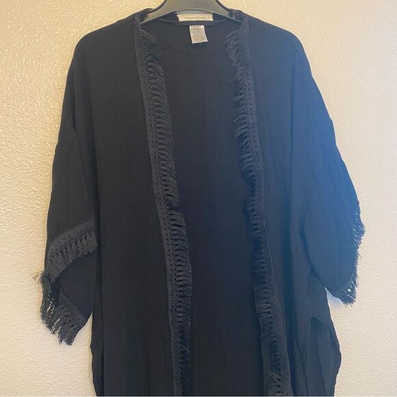 Treasure & Bond black boho fringe trim beachy coastal kimono swim coverup top OS - Picture 7 of 15